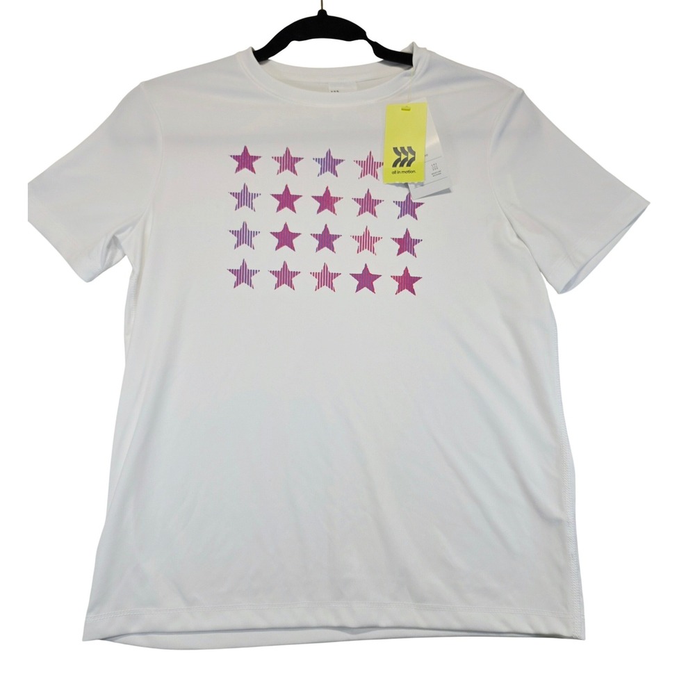 All In Motion Kids White Star Graphic‎ Performance T-Shirt Size L 10/12 NWT